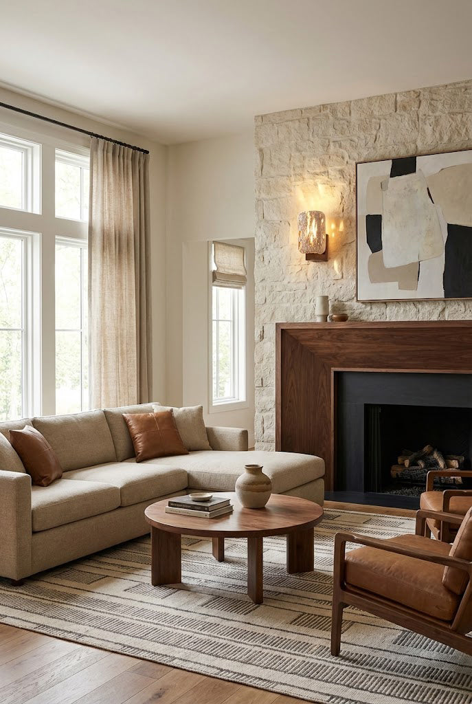 Travertine wall light in a large Wabi-Sabi living room | Travertine, Wood | Interior scene with a fireplace and beige sectional sofa | Samu Lamp