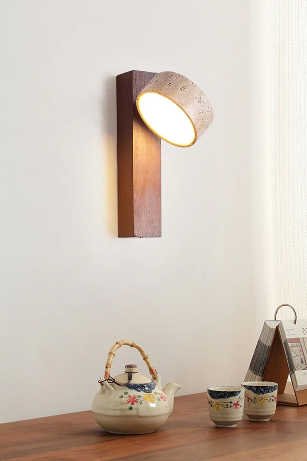 Walnut Wood Travertine Beam Wall Sconce