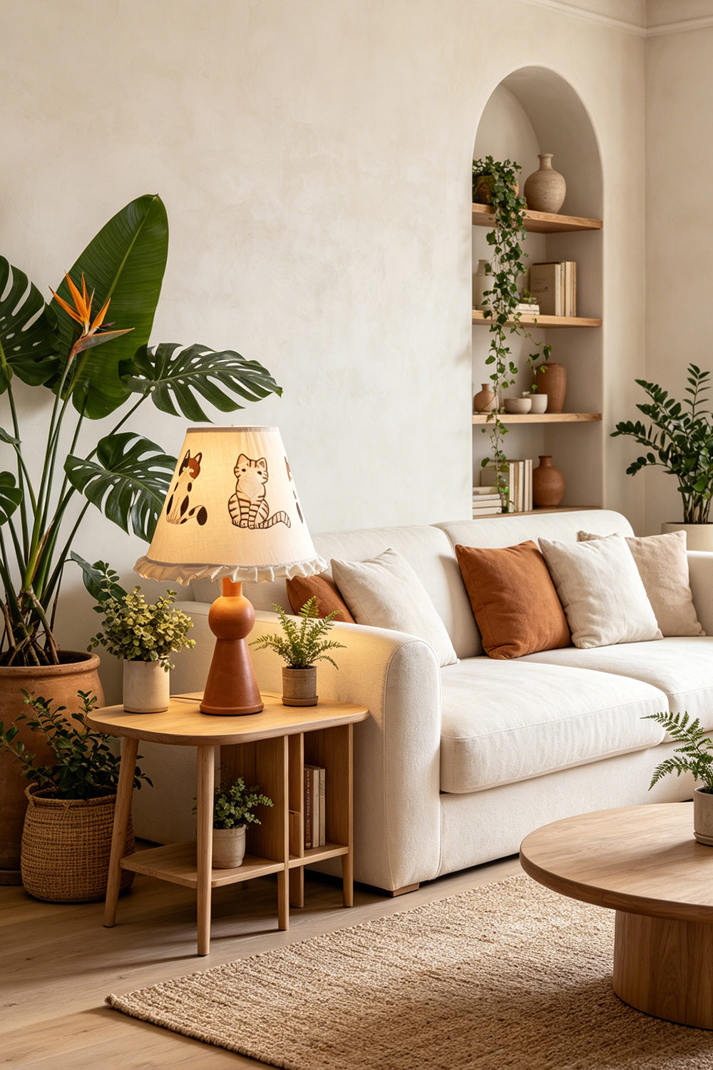 Whiskers Ruffled Fabric Table Lamp | Fabric, Wood | Providing a cozy ambient glow on a wooden side table next to a cream fabric sofa and tropical indoor plants | Samu Lamp