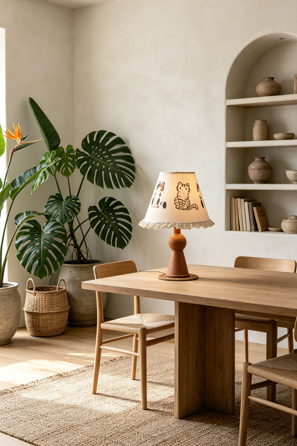 Whiskers Ruffled Fabric Table Lamp | Fabric, Wood | Placed on a large wooden dining table as a whimsical centerpiece in a modern earthy dining space with a monstera plant | Samu Lamp