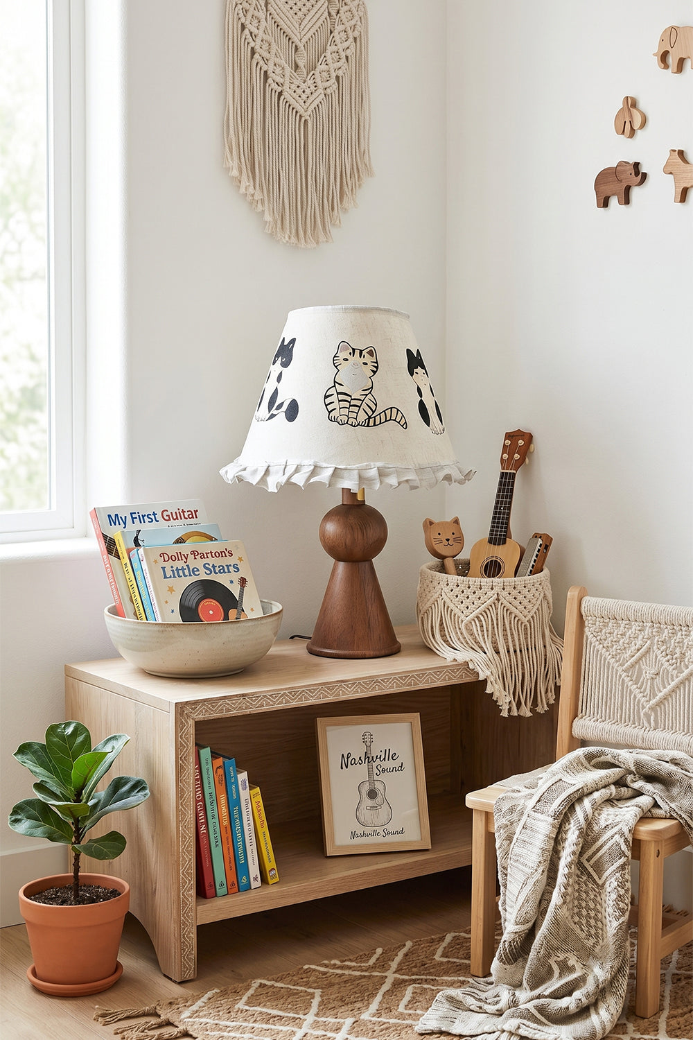 Whiskers Ruffled Fabric Table Lamp | Fabric, Wood | Placed on a low oak storage shelf in a cozy playroom corner next to books, a woven chair, and macrame decor | Samu Lamp