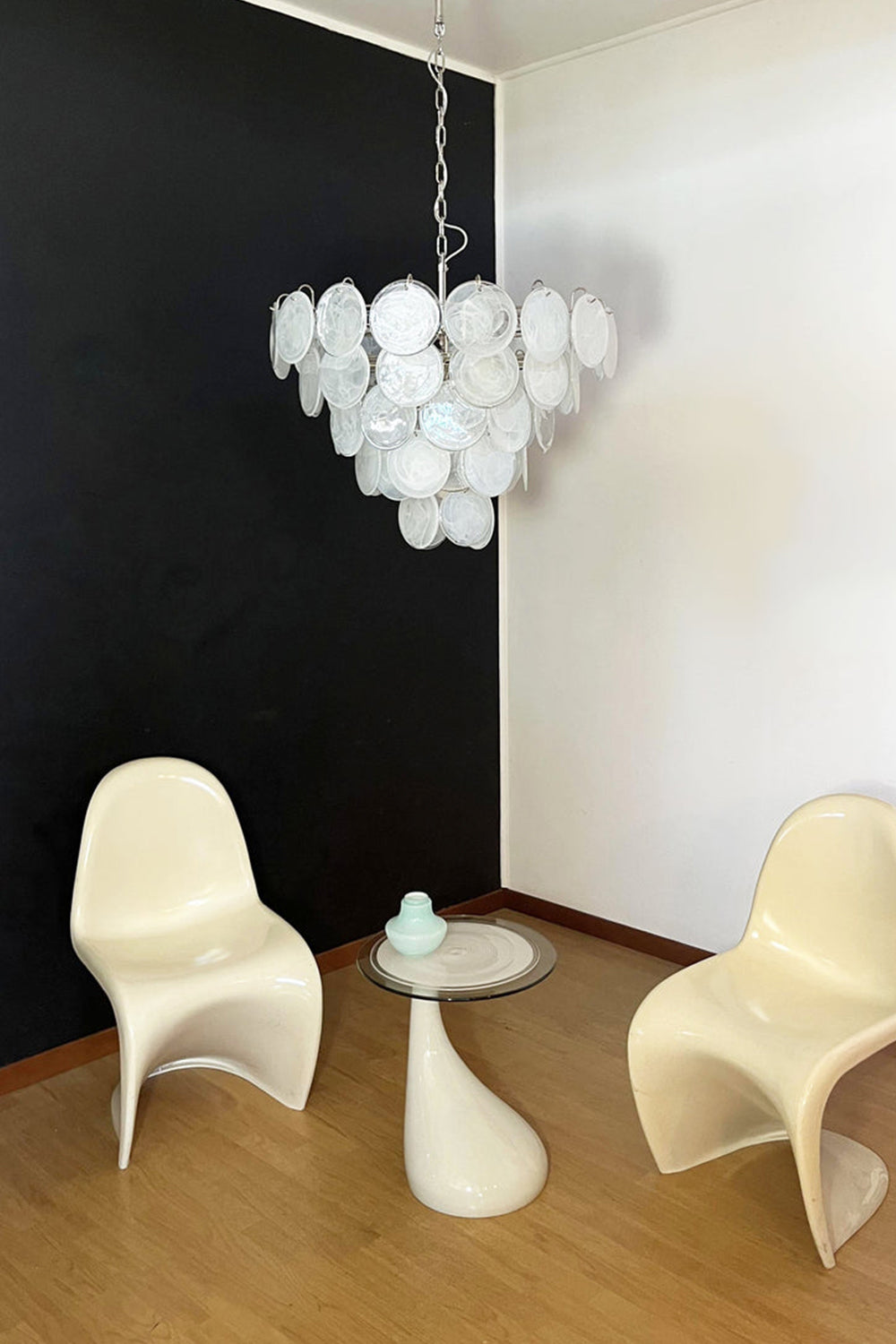 White Murano Disc Glass Chandelier