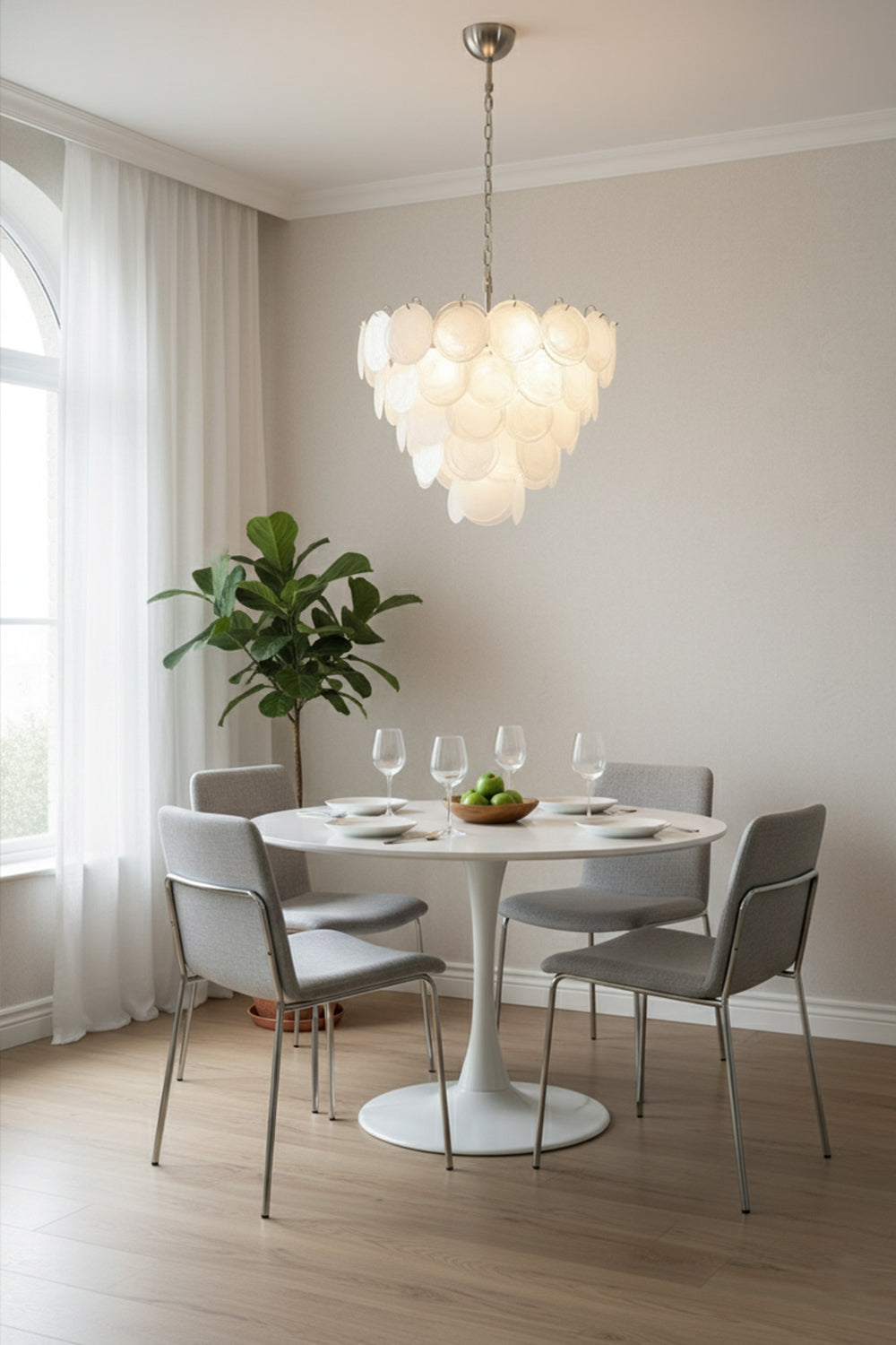 White Murano Disc Glass Chandelier