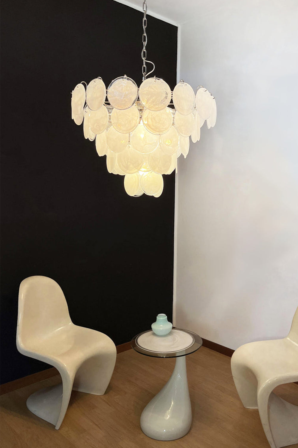 White Murano Disc Glass Chandelier