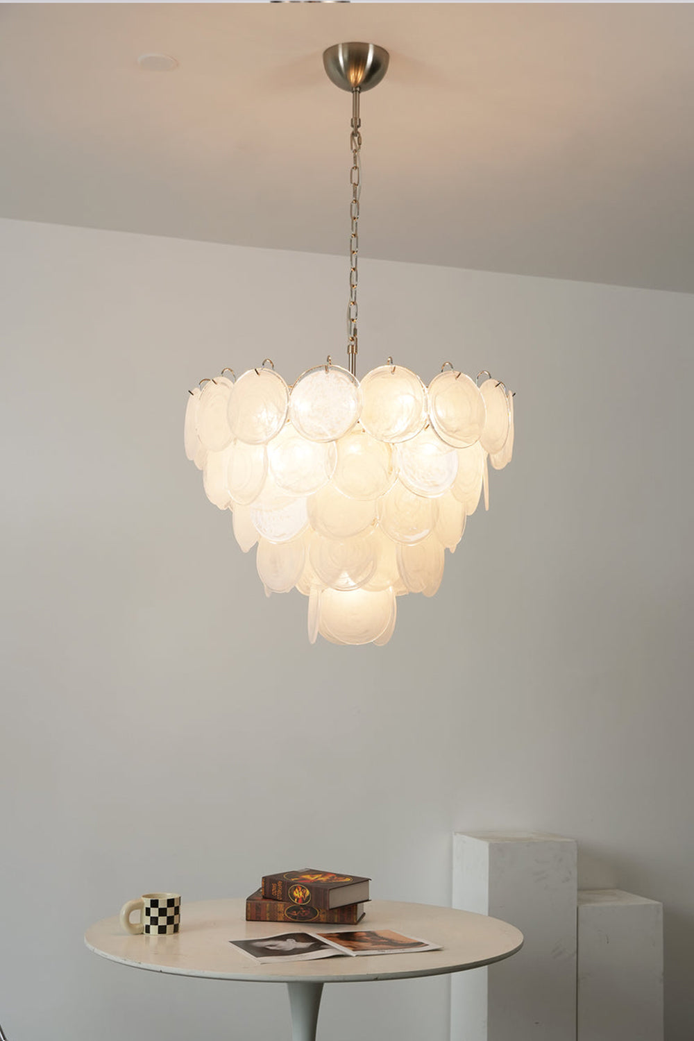 White Murano Disc Glass Chandelier