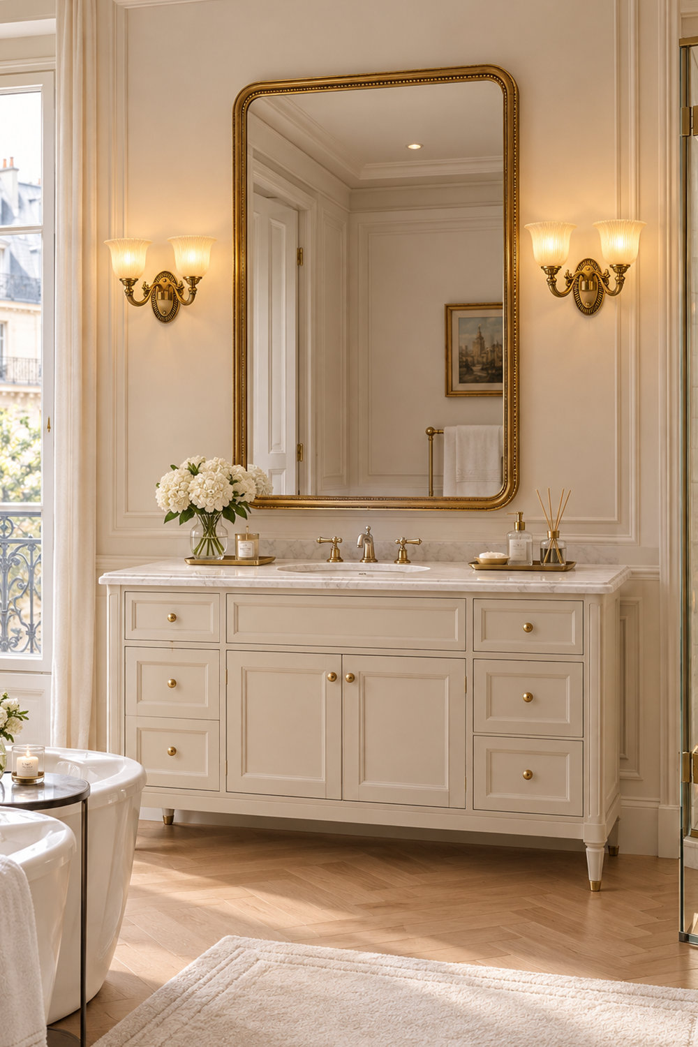 Elegant bathroom featuring a large mirror and two Whitlock Fluted Bell Brass Wall Lamps illuminating a stylish vanity.