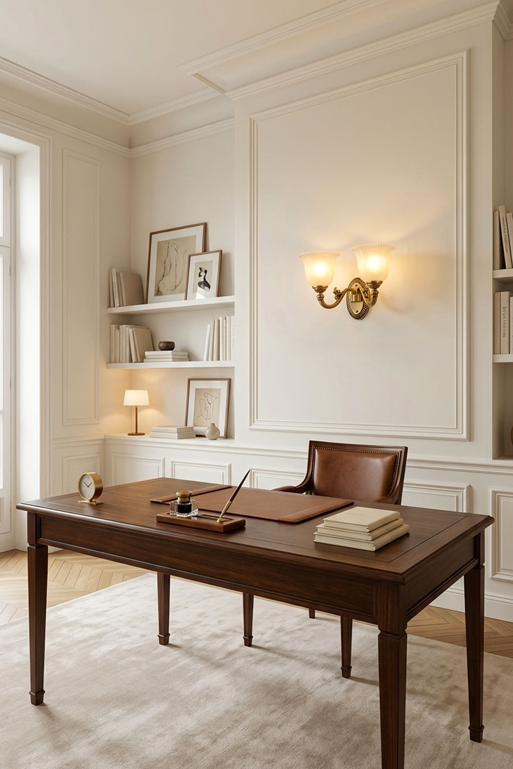 Whitlock Fluted Bell Brass Wall Lamp illuminating an elegant home office with a wooden desk and leather chair.