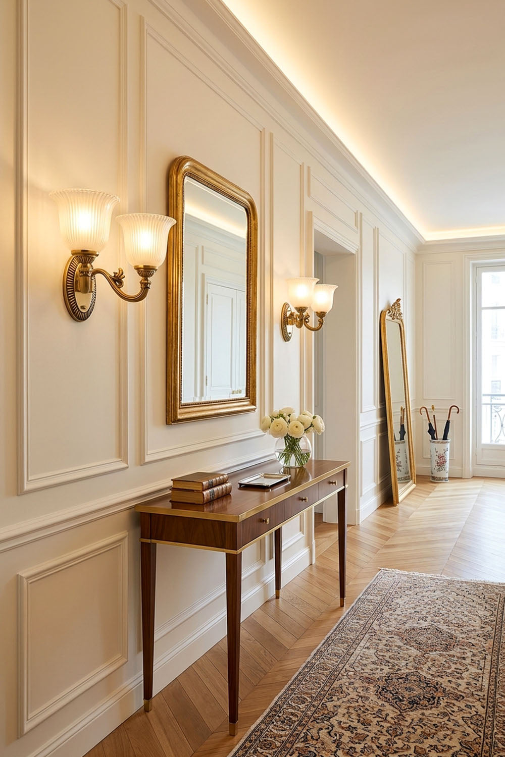 Whitlock Fluted Bell Brass Wall Lamp illuminating an elegant hallway with a mirror and a wooden table.