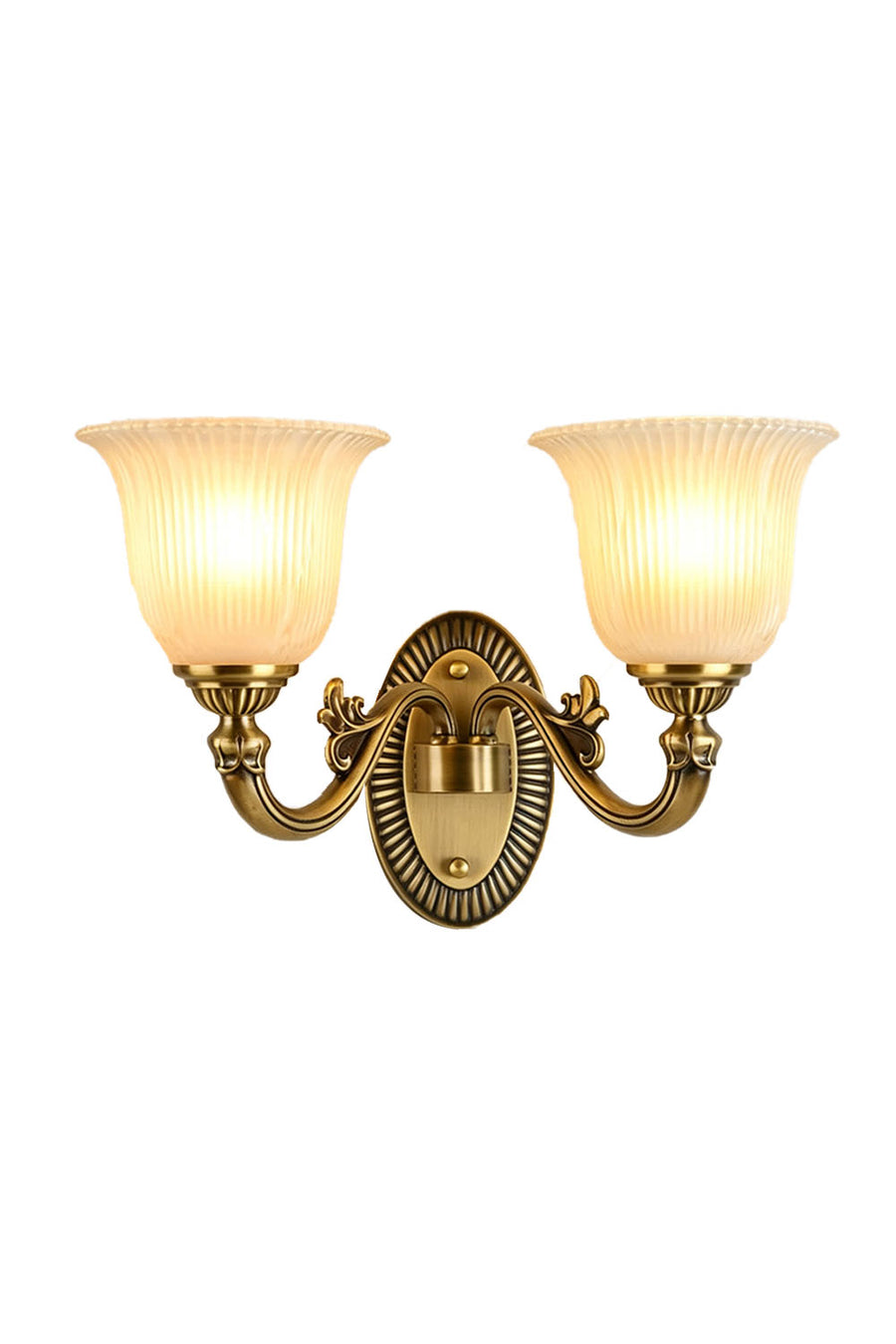 Whitlock Fluted Bell Brass Wall Lamp with elegant glass shades, perfect for enhancing home decor.