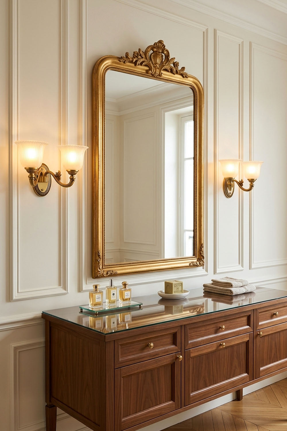 Elegant interior featuring a Whitlock Fluted Bell Brass Wall Lamp beside a large ornate mirror on a stylish sideboard.