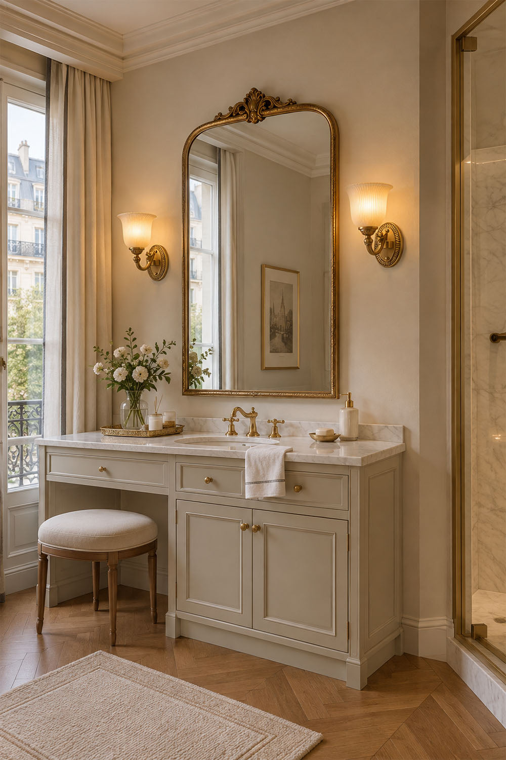Elegant bathroom featuring a Whitlock Fluted Bell Brass Wall Lamp, stylish vanity, and large mirror with natural light.
