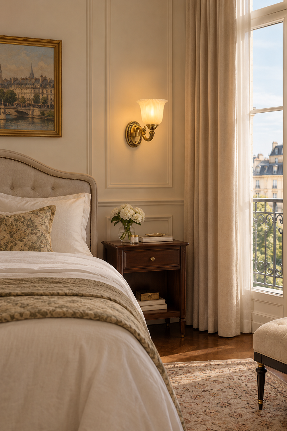 Whitlock Fluted Bell Brass Wall Lamp illuminating a cozy bedroom with a view, elegant bedding and decorative artwork.