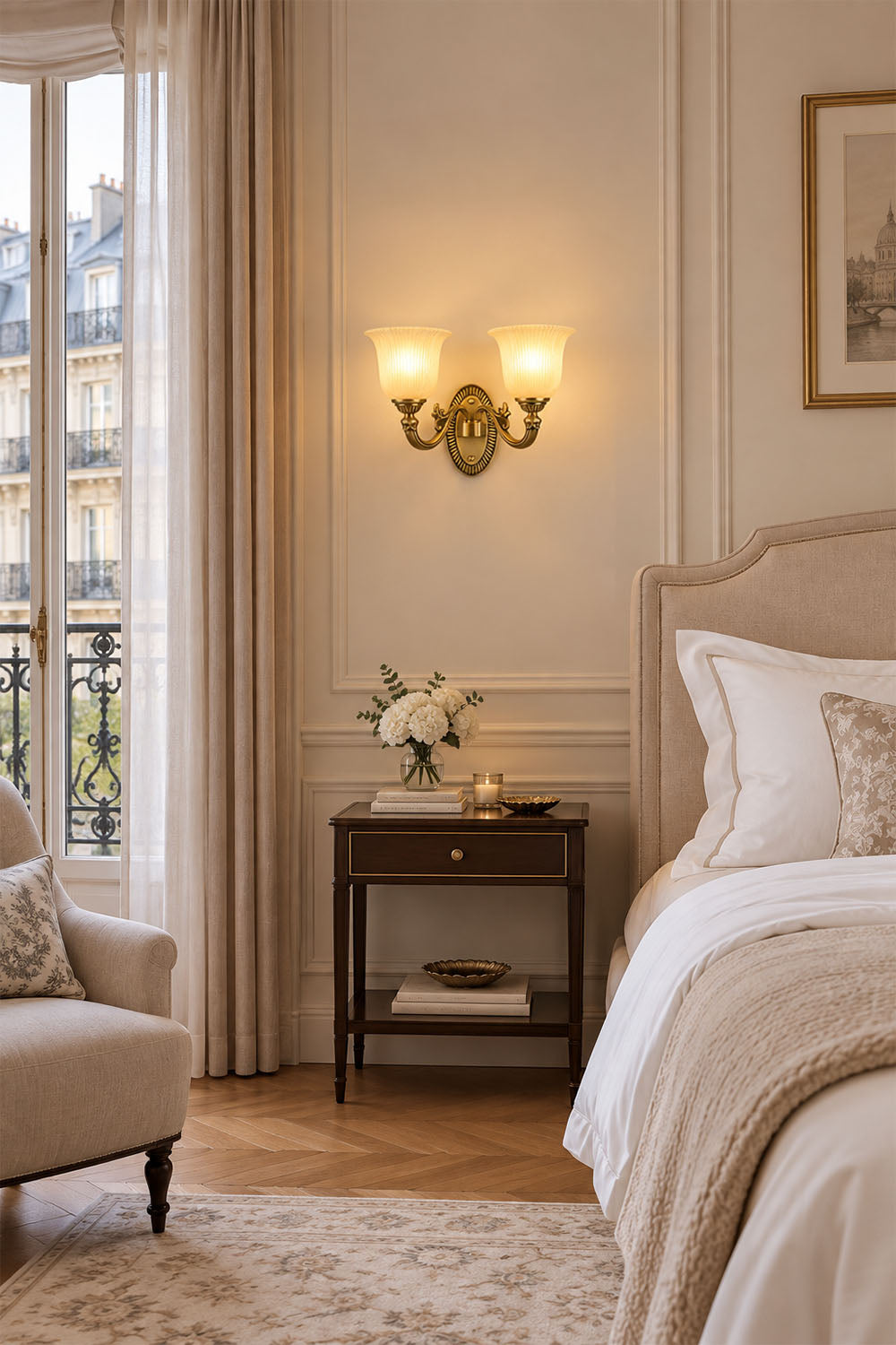 Whitlock Fluted Bell Brass Wall Lamp illuminating a cozy bedroom with elegant decor and soft lighting.