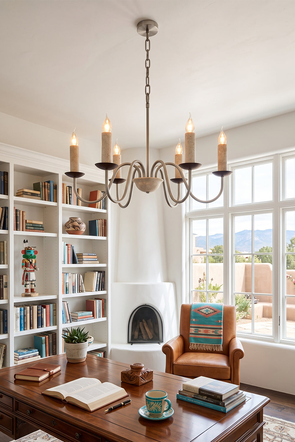Winslow Travertine Candelabra Chandelier | Natural Travertine and Metal | Illuminating a rustic living room with a white fireplace | Samu Lamp
