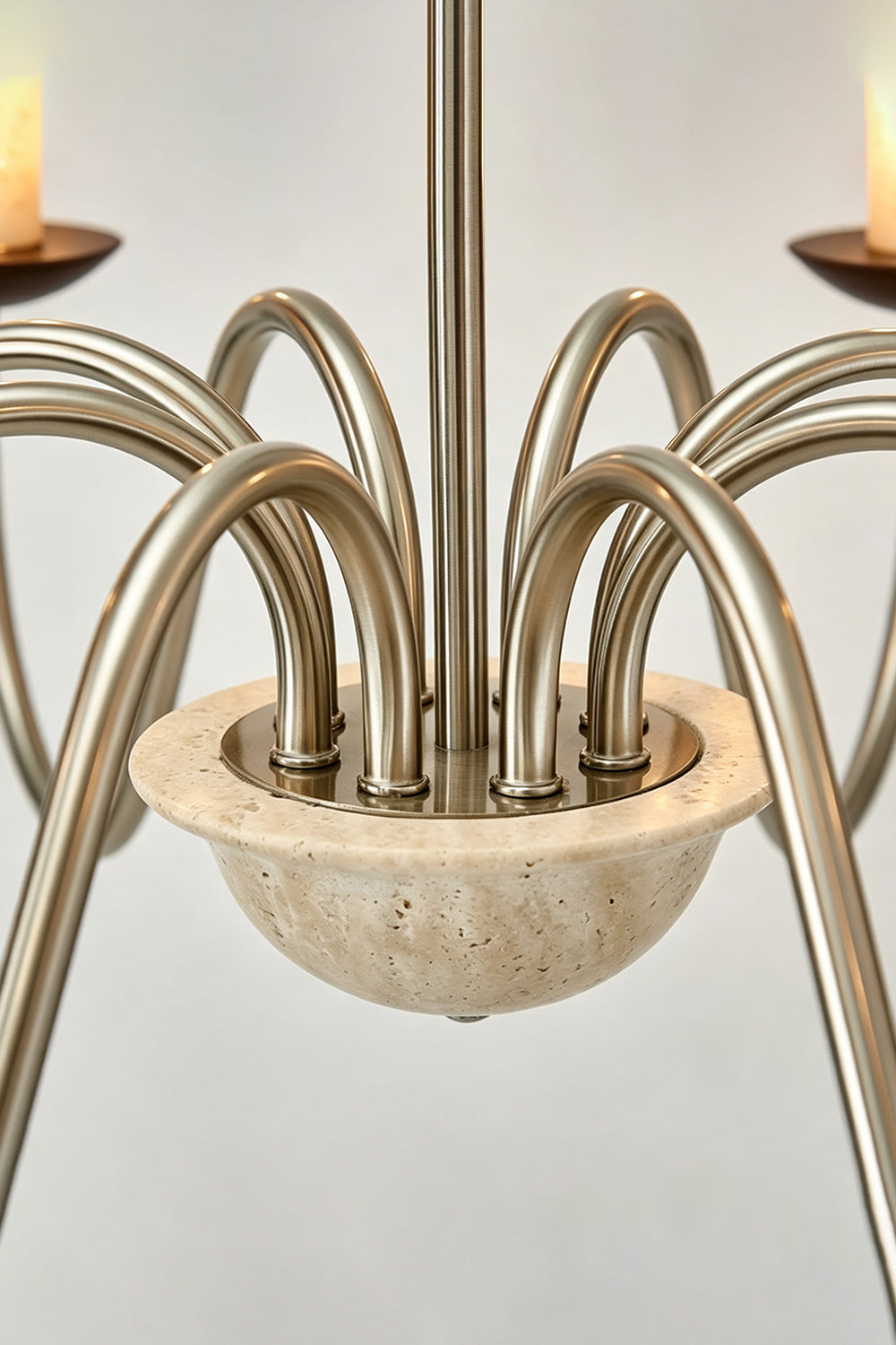 Winslow Travertine Candelabra Chandelier | Natural Travertine and Metal | Detail shot showing the central travertine bowl and curved metal arms | Samu Lamp