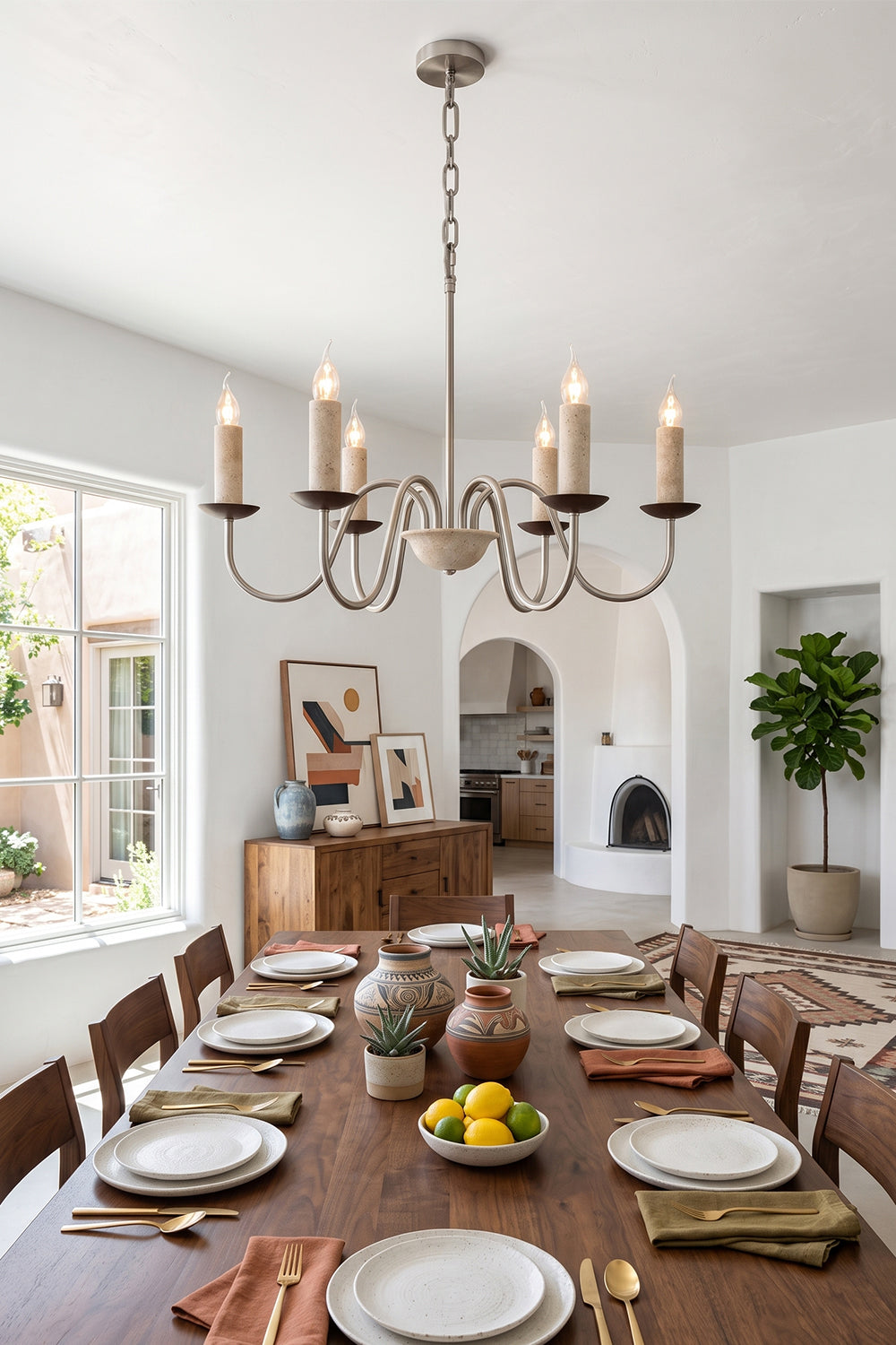 Winslow Travertine Candelabra Chandelier | Natural Travertine and Metal | Centered above a long wooden table in a formal dining space | Samu Lamp