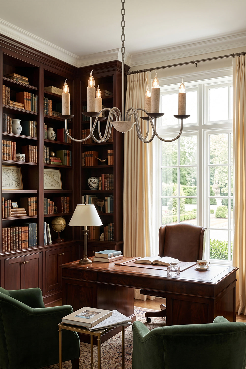 Winslow Travertine Candelabra Chandelier | Natural Travertine and Metal | Displayed in a classic home library office with dark bookcases | Samu Lamp