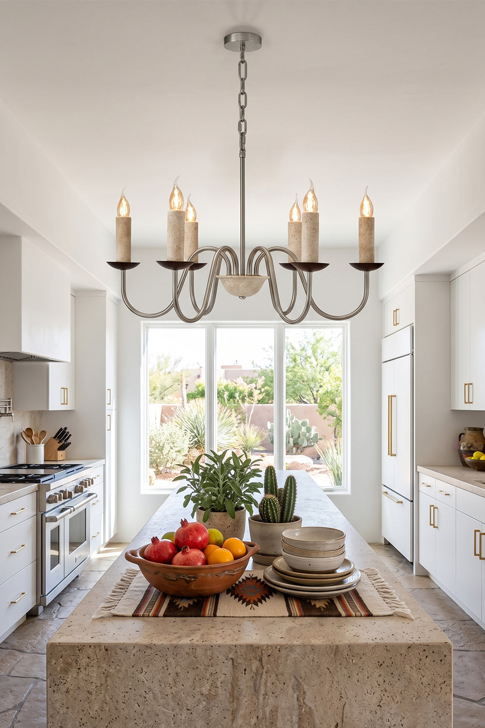 Winslow Travertine Candelabra Chandelier | Natural Travertine and Metal | Suspended over a stone kitchen island in a modern kitchen | Samu Lamp