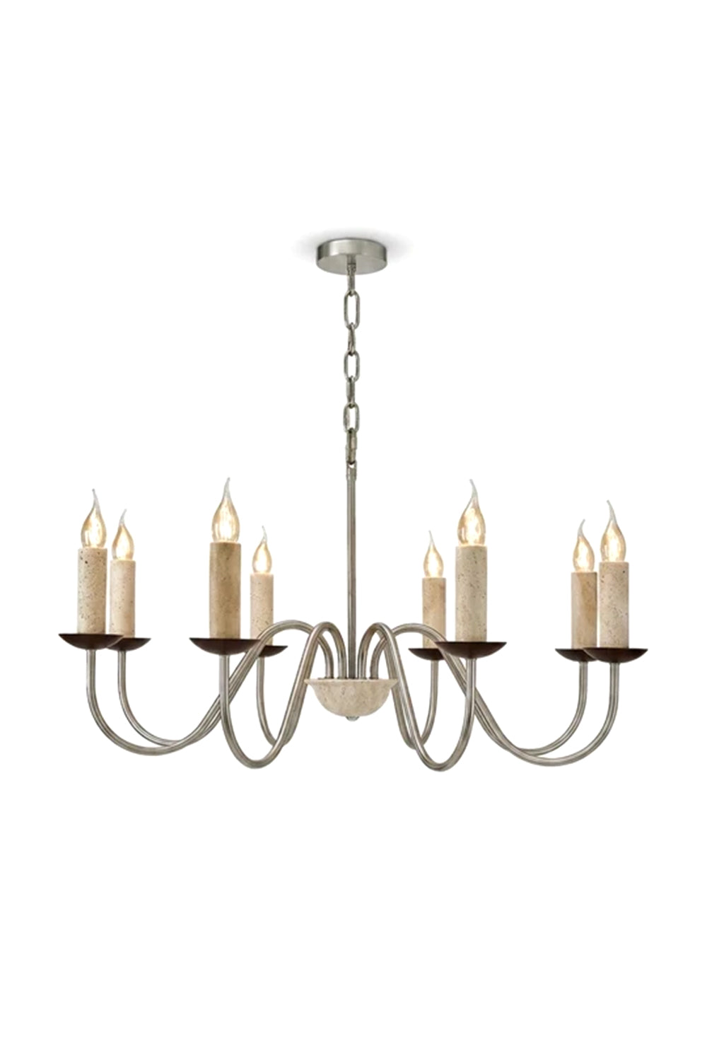 Winslow Travertine Candelabra Chandelier | Natural Travertine and Metal | Front full view on a pure white background, illuminated | Samu Lamp