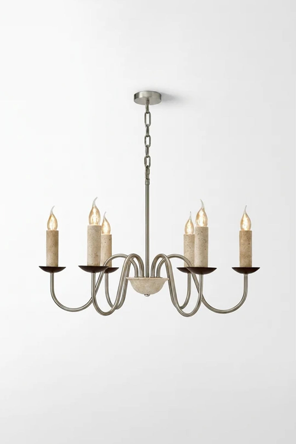 Winslow Travertine Candelabra Chandelier | Natural Travertine and Metal | Full view displayed on a plain white background | Samu Lamp