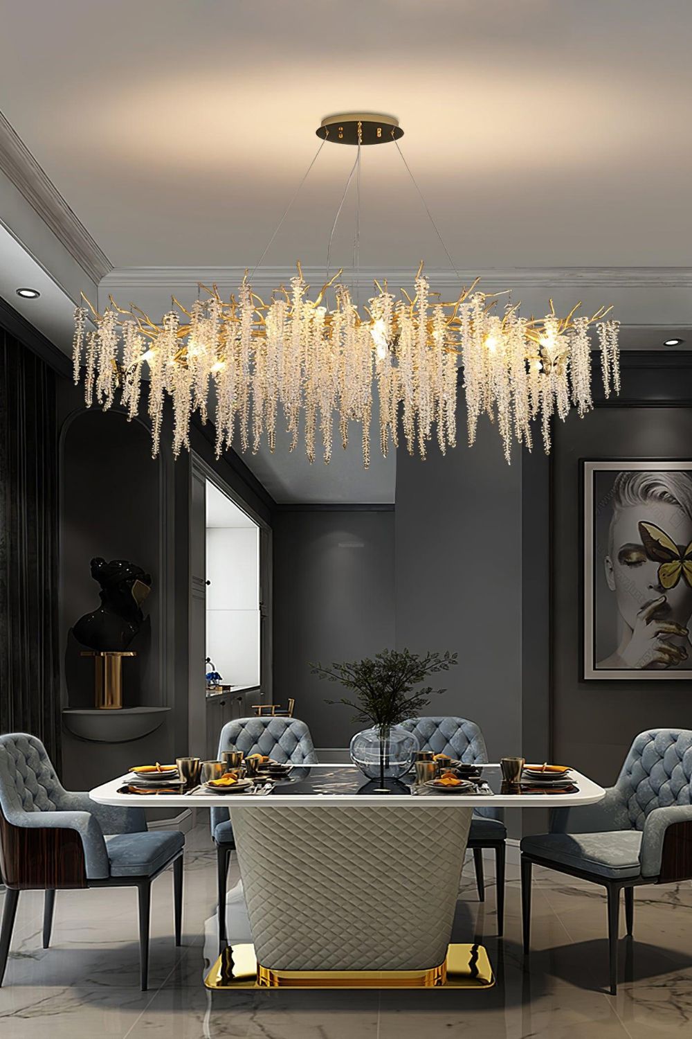 Wisteria Flower  Golden Branch Crystal Chandelier