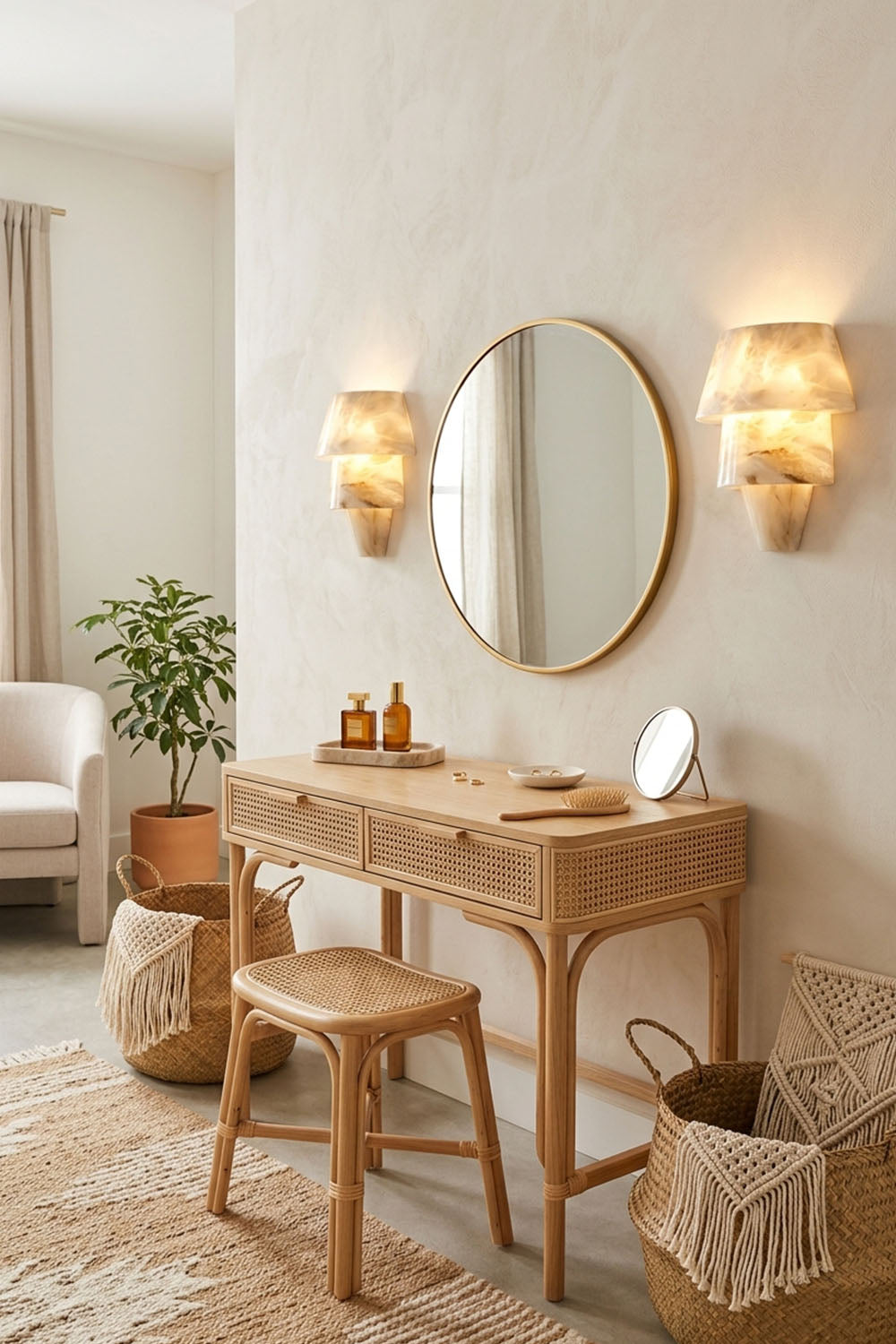 Wystan Twin Cone Alabaster Wall Lamp | Natural Alabaster and Metal | Displayed in a bright vanity corner with a round mirror and wooden stool | Samu Lamp
