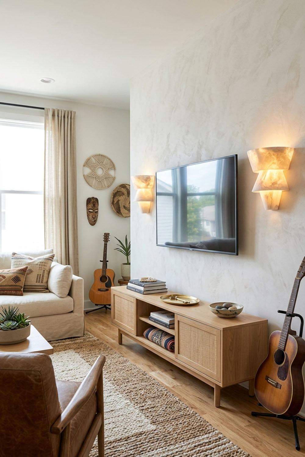 Wystan Twin Cone Alabaster Wall Lamp | Natural Alabaster and Metal | Displayed on a living room wall beside a TV and wooden media console | Samu Lamp
