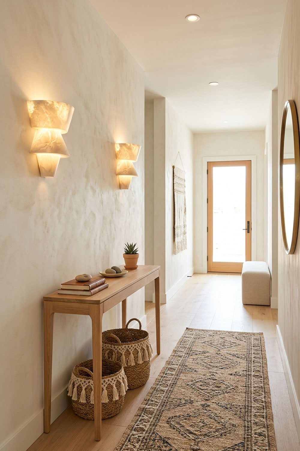 Wystan Twin Cone Alabaster Wall Lamp | Natural Alabaster and Metal | Lighting an entry hallway corridor with a wooden console and runner rug | Samu Lamp