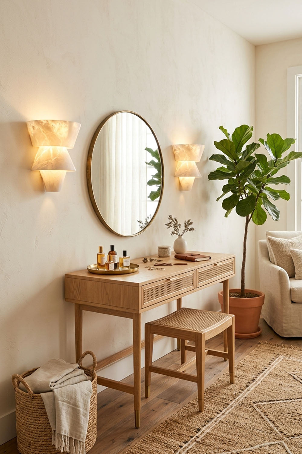 Wystan Twin Cone Alabaster Wall Lamp | Natural Alabaster and Metal | Illuminating a vanity area near a round mirror and wooden dressing table | Samu Lamp