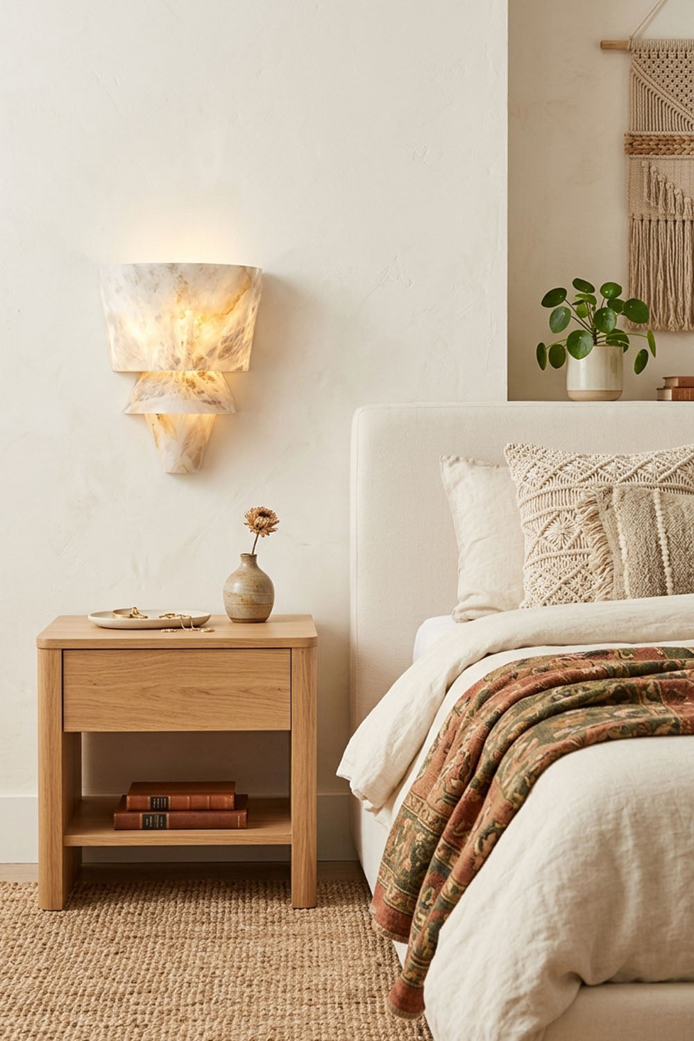 Wystan Twin Cone Alabaster Wall Lamp | Natural Alabaster and Metal | Mounted on a textured wall in a cozy bedroom beside a nightstand | Samu Lamp