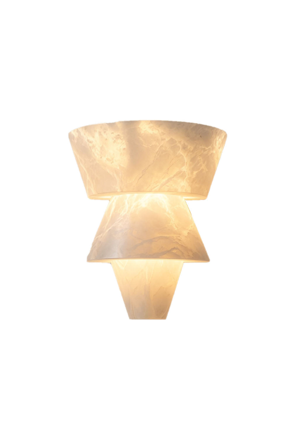 Wystan Twin Cone Alabaster Wall Lamp | Natural Alabaster and Metal | Front full view on a pure white background, illuminated | Samu Lamp