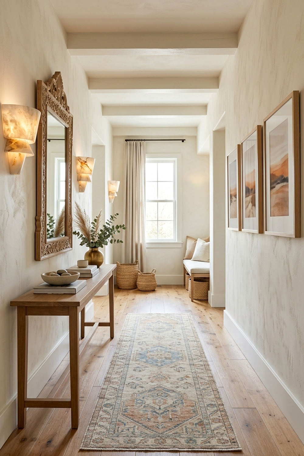 Wystan Twin Cone Alabaster Wall Lamp | Natural Alabaster and Metal | Installed in a hallway corridor with wooden ceiling beams | Samu Lamp