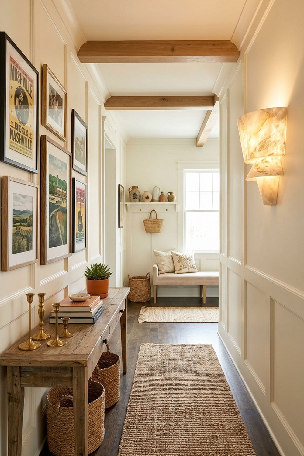 Wystan Twin Cone Alabaster Wall Lamp | Natural Alabaster and Metal | Styled on a long hallway corridor wall above a console table | Samu Lamp