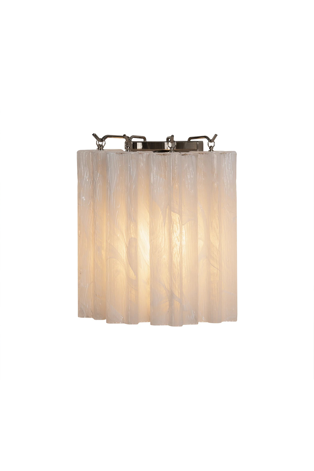 Ysoline Rippled Glass Curtain Sconce Light | Rippled Glass and Metal | Front full view on a pure white background, illuminated | Samu Lamp