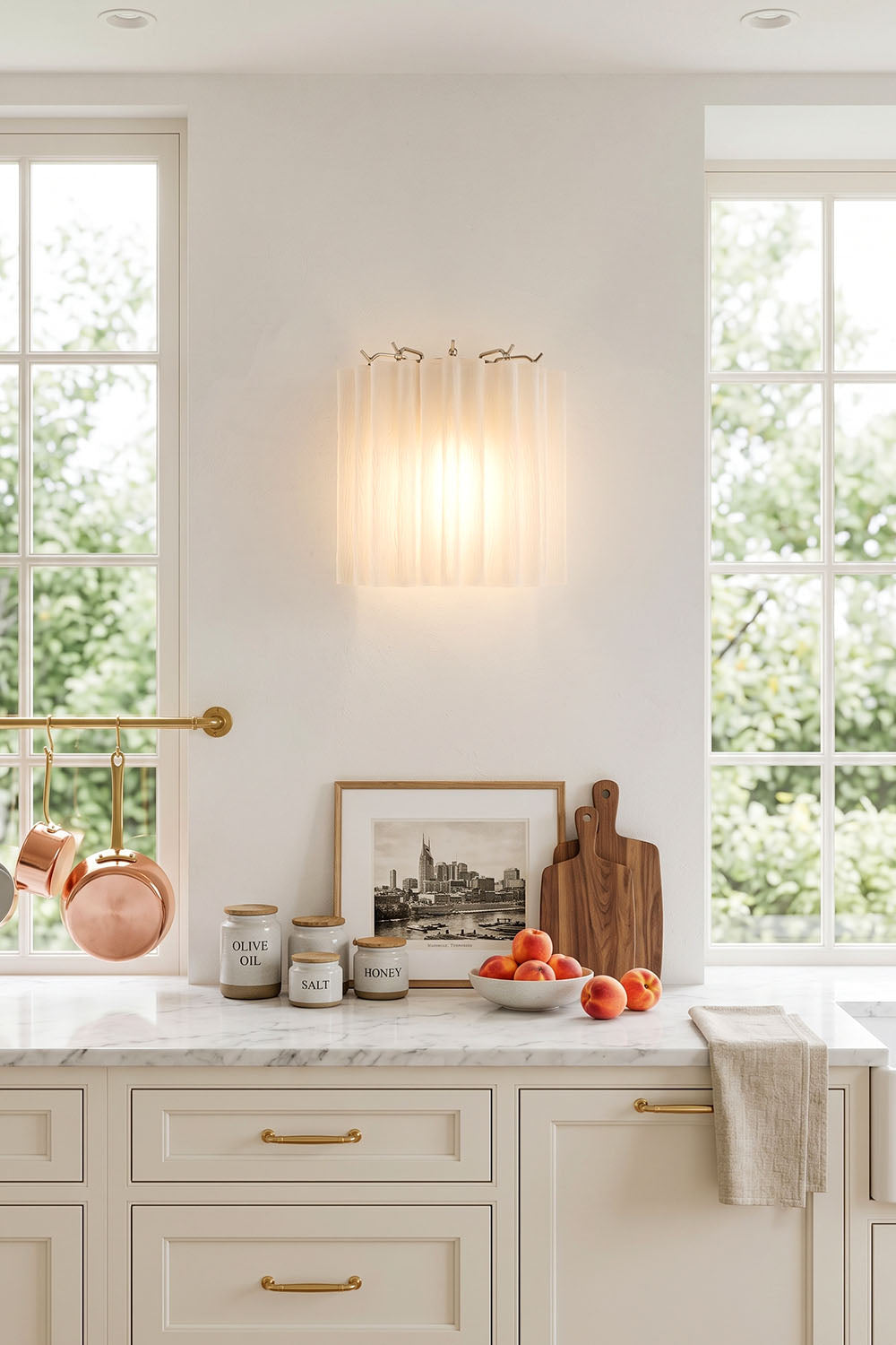 Ysoline Rippled Glass Curtain Sconce Light | Rippled Glass and Metal | Enhancing a clean white wall above a kitchen or dining counter | Samu Lamp