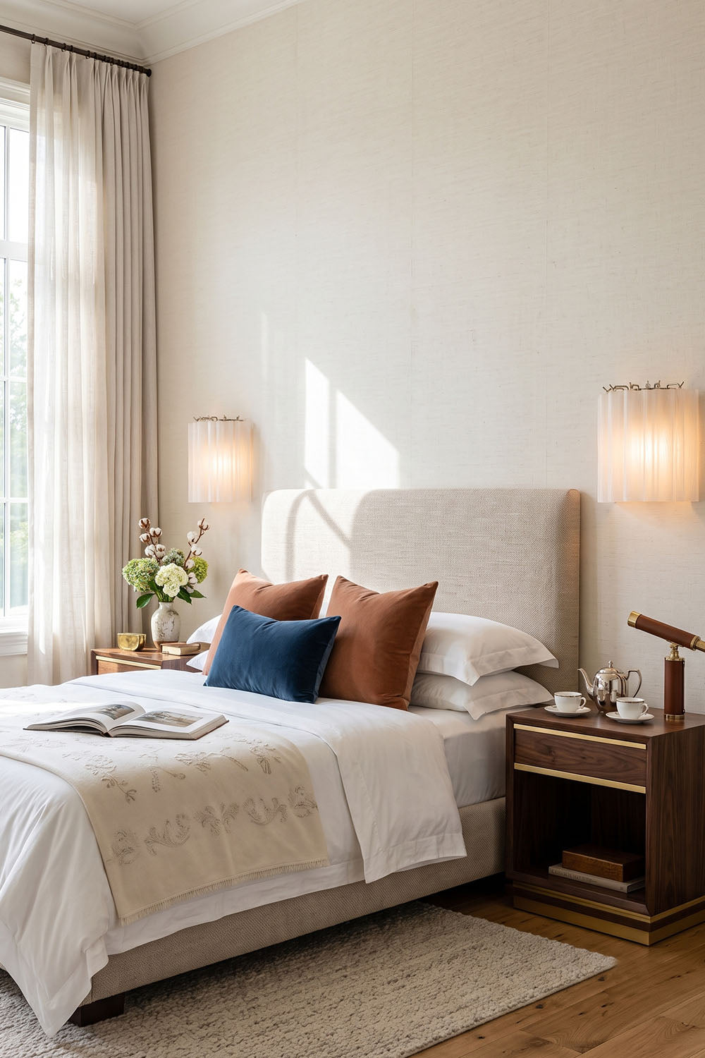 Ysoline Rippled Glass Curtain Sconce Light | Rippled Glass and Metal | Flanking a cozy bed in a sunlit modern bedroom | Samu Lamp