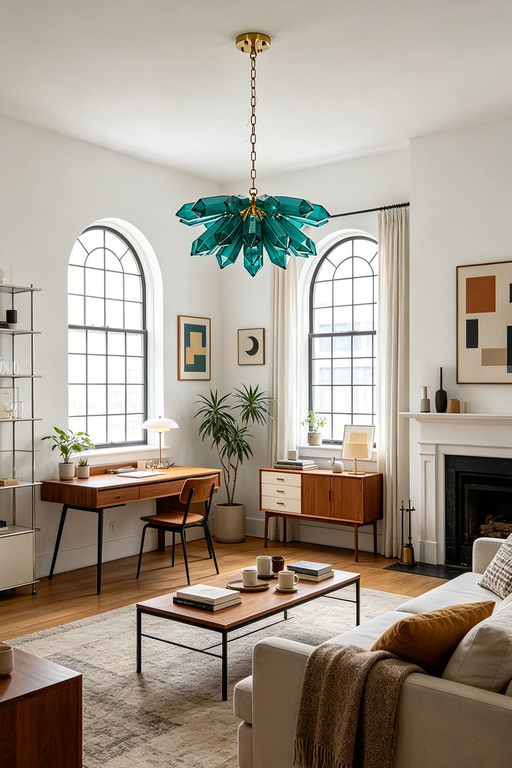 Statement teal glass prism chandelier | Metal | Glass | Bright living room scene with arched windows and neutral furniture | Samu Lamp